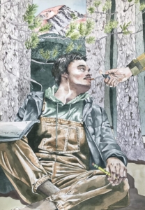 Colored pencil drawing of a man sitting on the ground with someone reaching out a helping hand