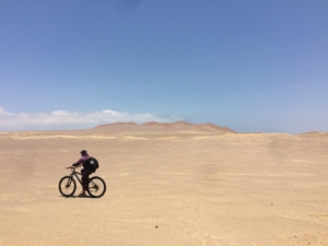 A person riding a bicycle across the desert