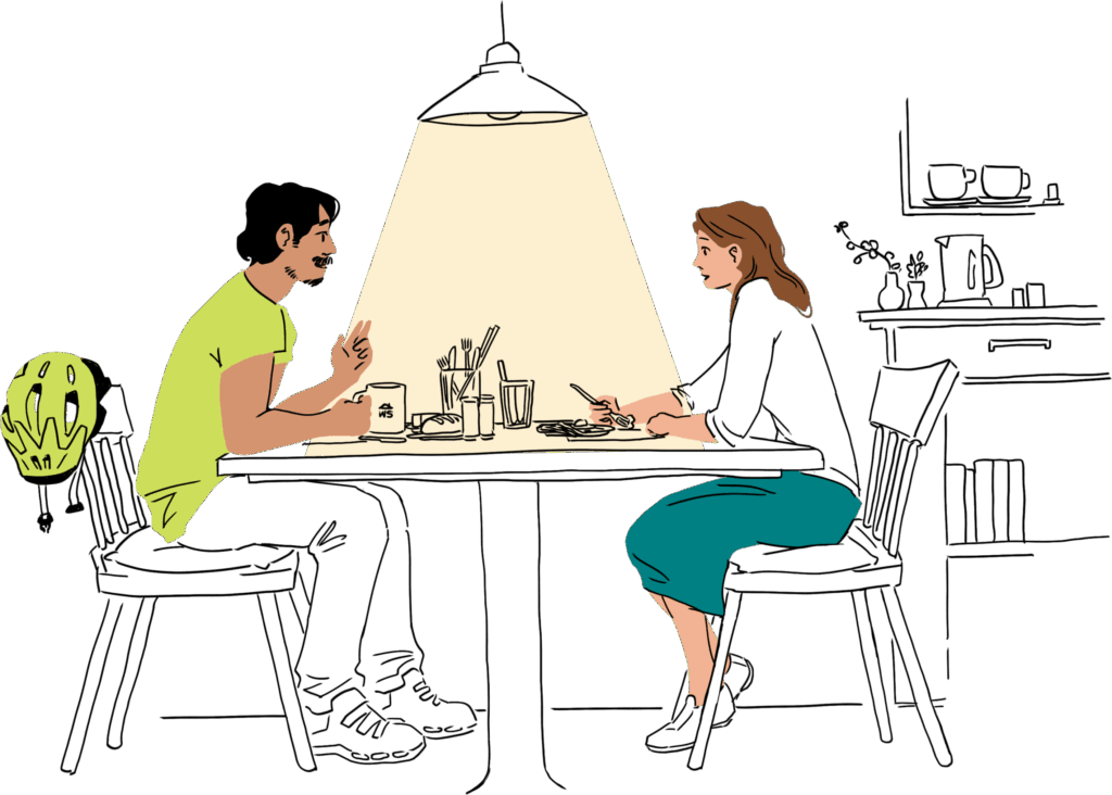 Drawing of people eating at the table