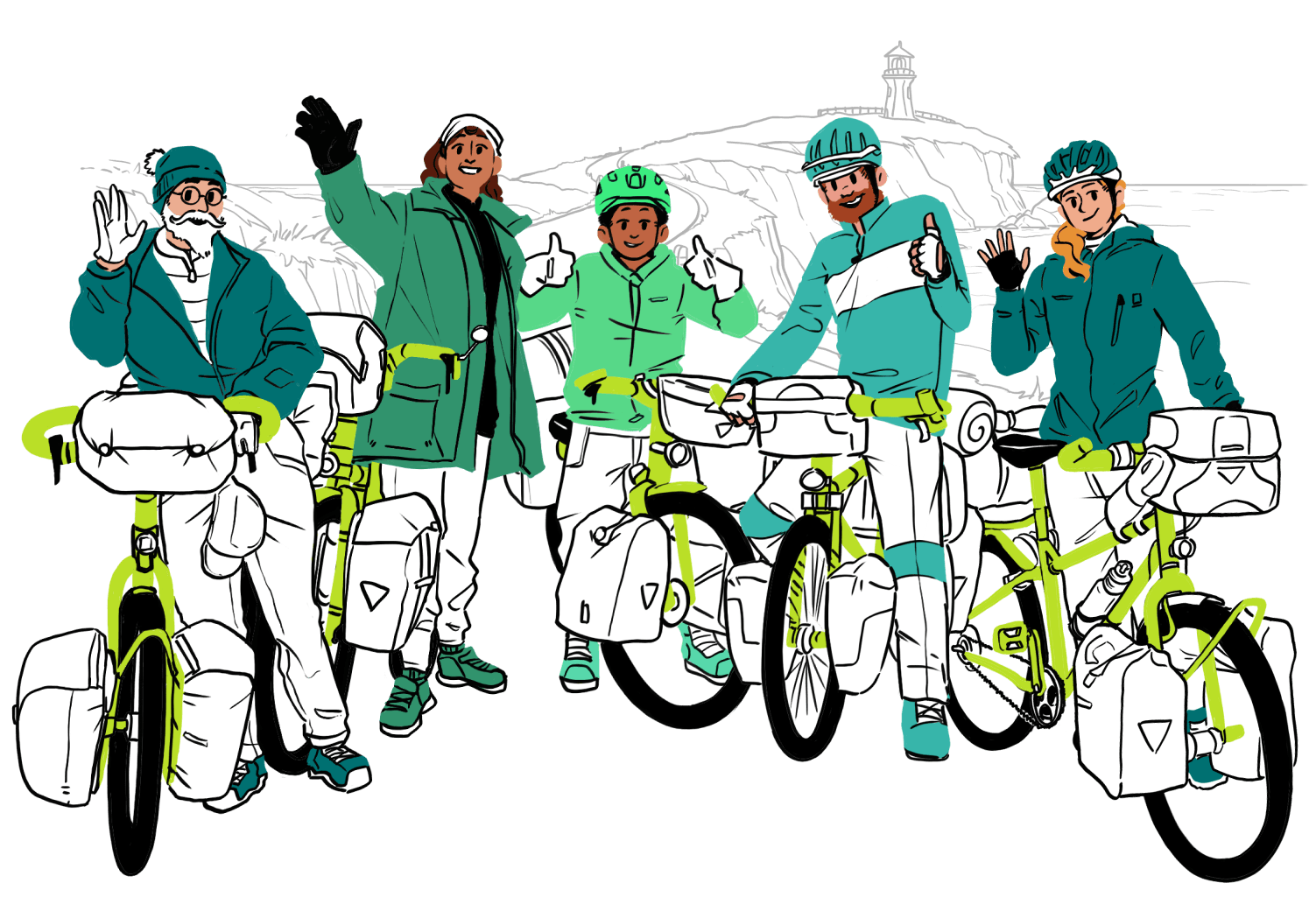 Group of cyclists near a lighthouse