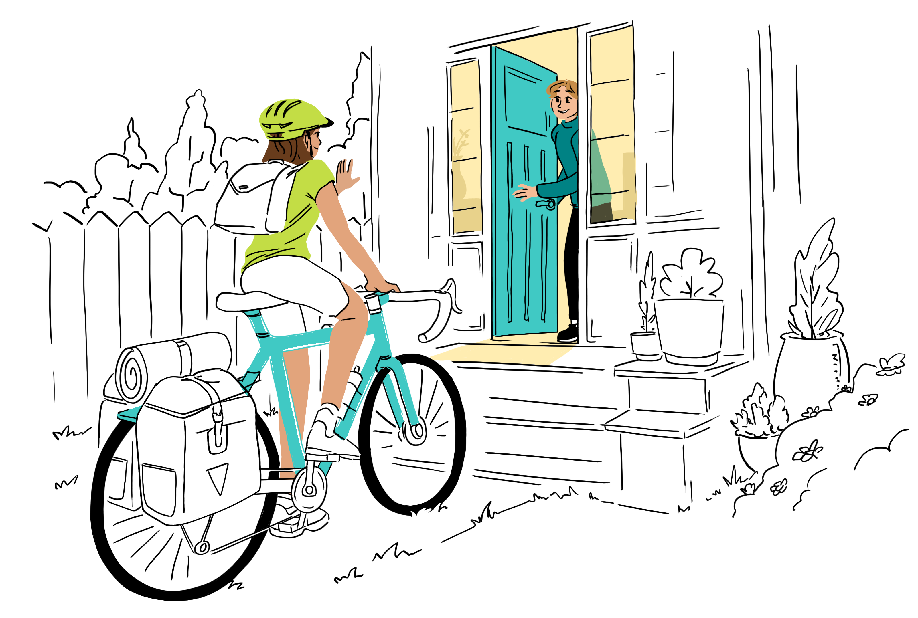 Cyclist arriving in front of a hosts home